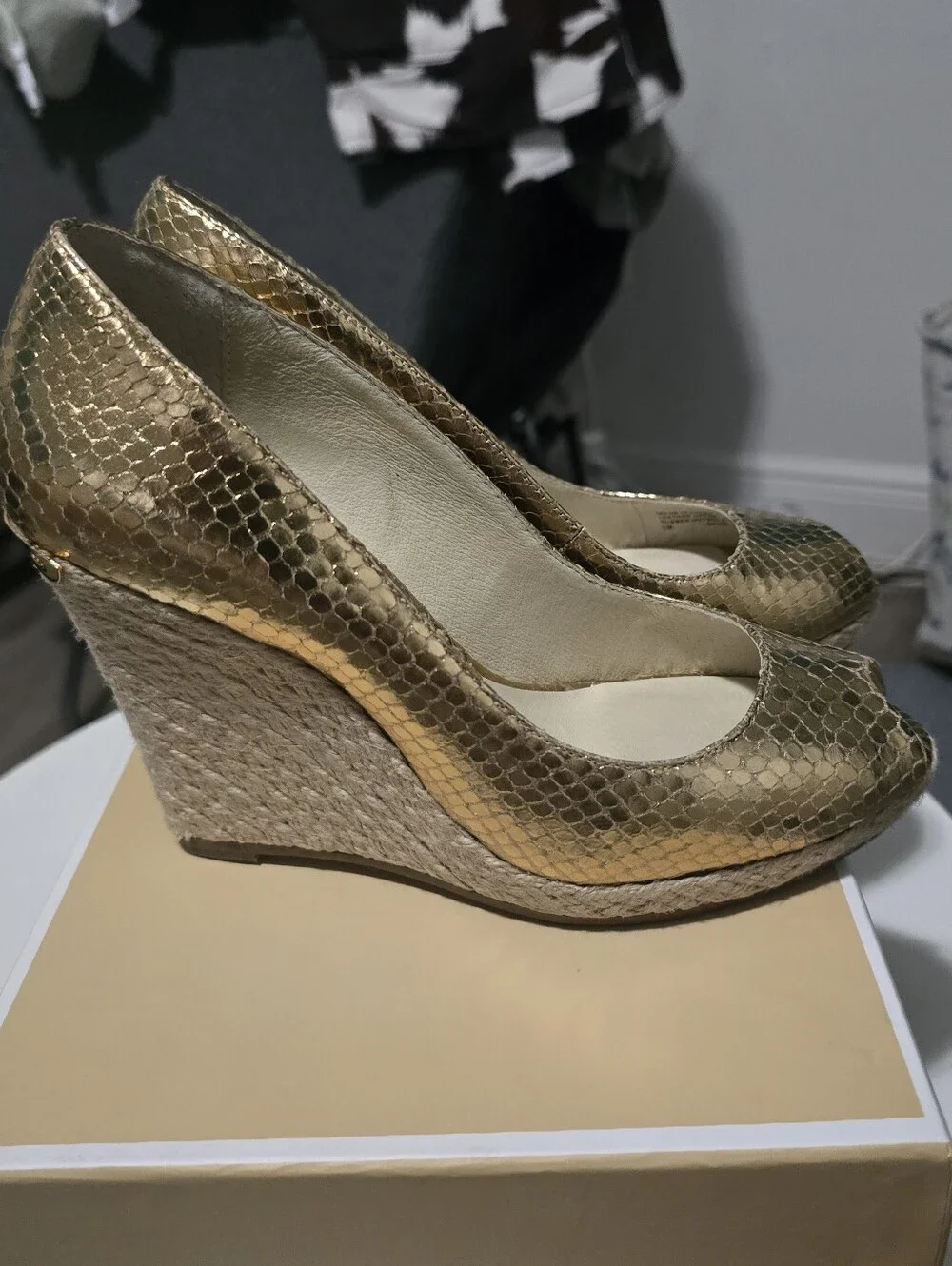 Michael Kors Metallic Gold Peep-Toe Wedge Espadrilles